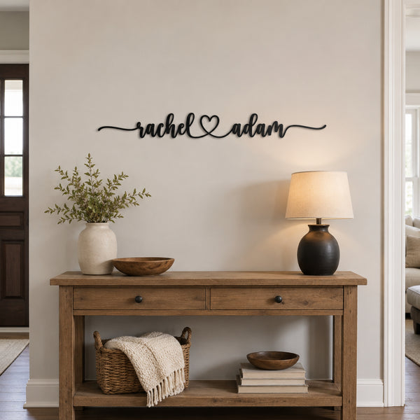 Personalized Couple Name Metal Sign with Heart – Extended Flourish Script