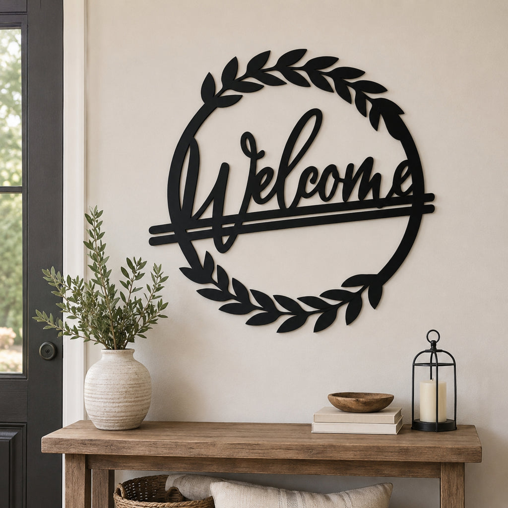 Welcome Wreath Metal Wall Art – Entryway & Porch Welcome Sign