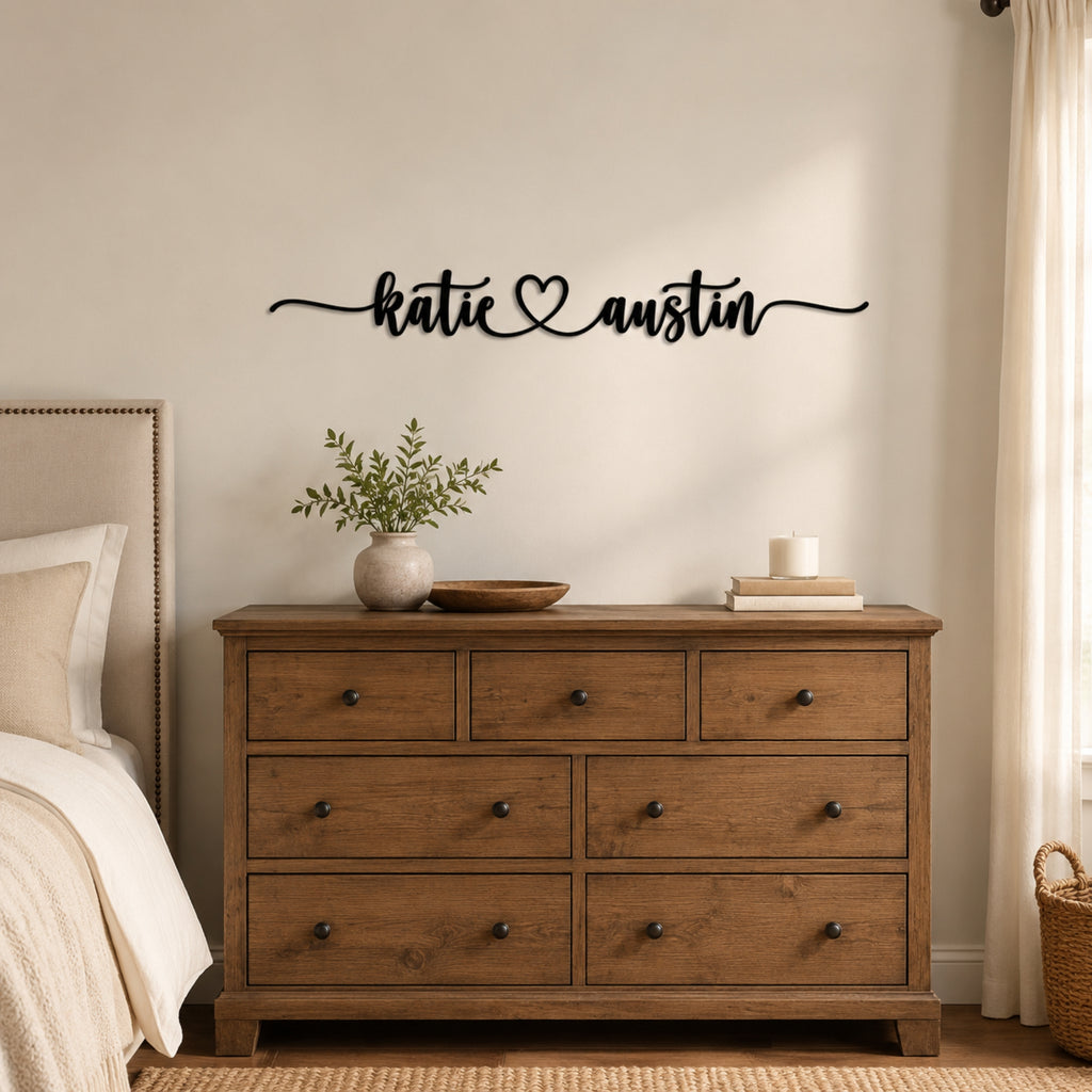 Personalized Couple Name Metal Sign with Heart – Extended Flourish Script