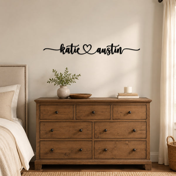 Personalized Couple Name Metal Sign with Heart – Extended Flourish Script