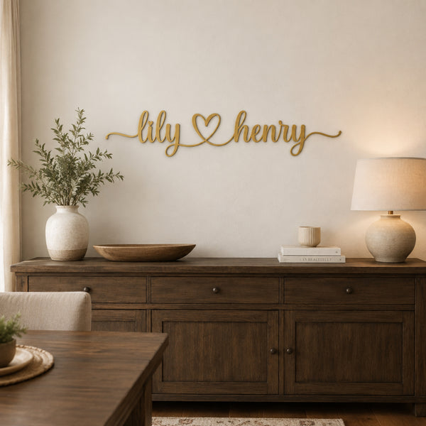 Personalized Couple Name Metal Sign with Heart – Romantic Script with Flourish Tails