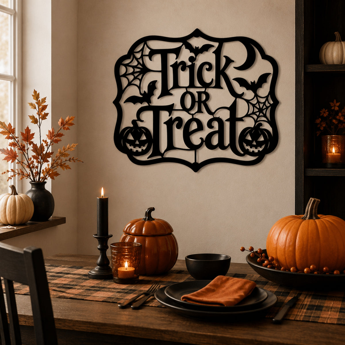 Black metal wall art with the words 'Trick or Treat' and spiderwebs, bats, and jack-o'-lanterns, displayed on a beige wall above a decorated Halloween dining table with pumpkins and candles.