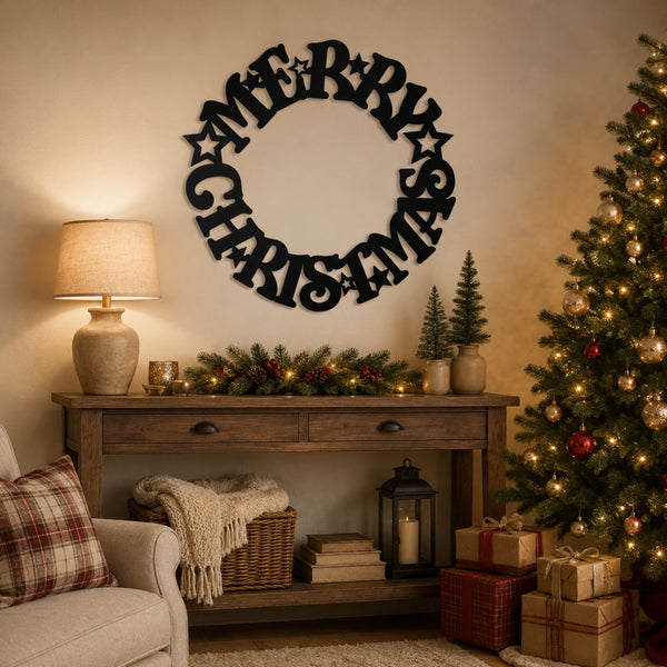Merry Christmas Wreath Metal Wall Art – Holiday Star Christmas Decor