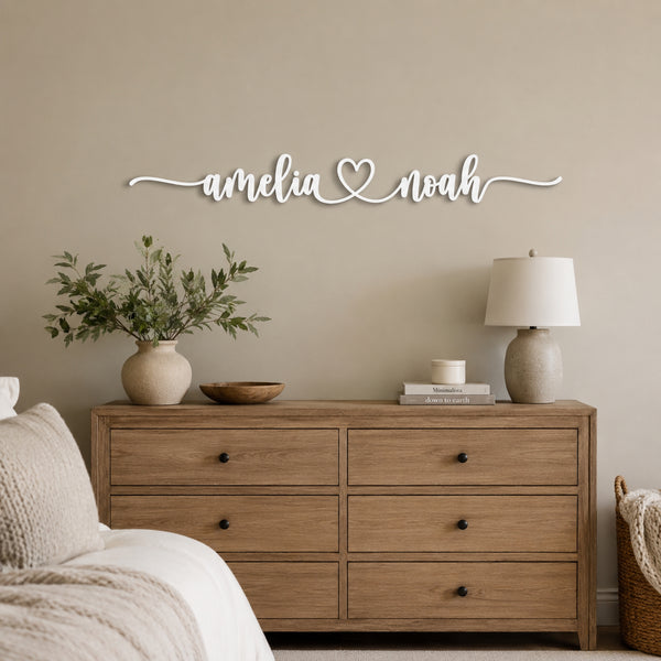 Personalized Couple Name Metal Sign with Heart – Extended Flourish Script