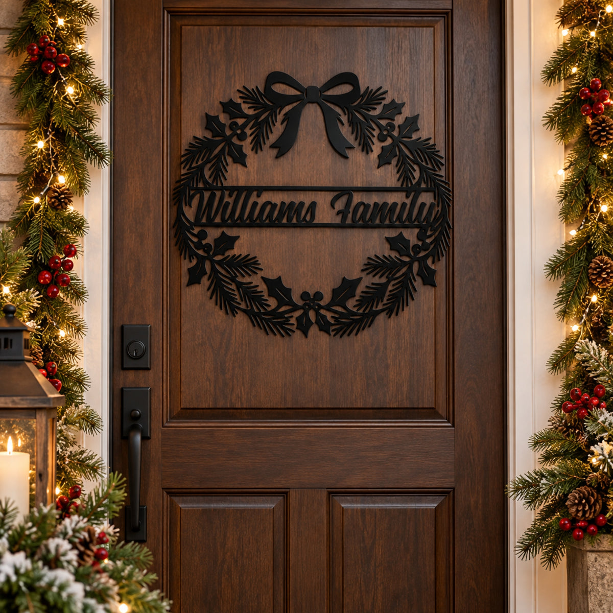Personalized Christmas Wreath Metal Sign – Custom Family Name Holiday Decor