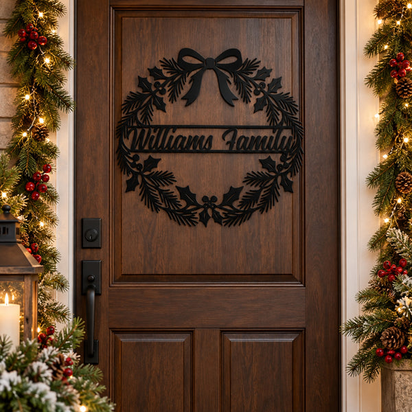 Personalized Christmas Wreath Metal Sign – Custom Family Name Holiday Decor