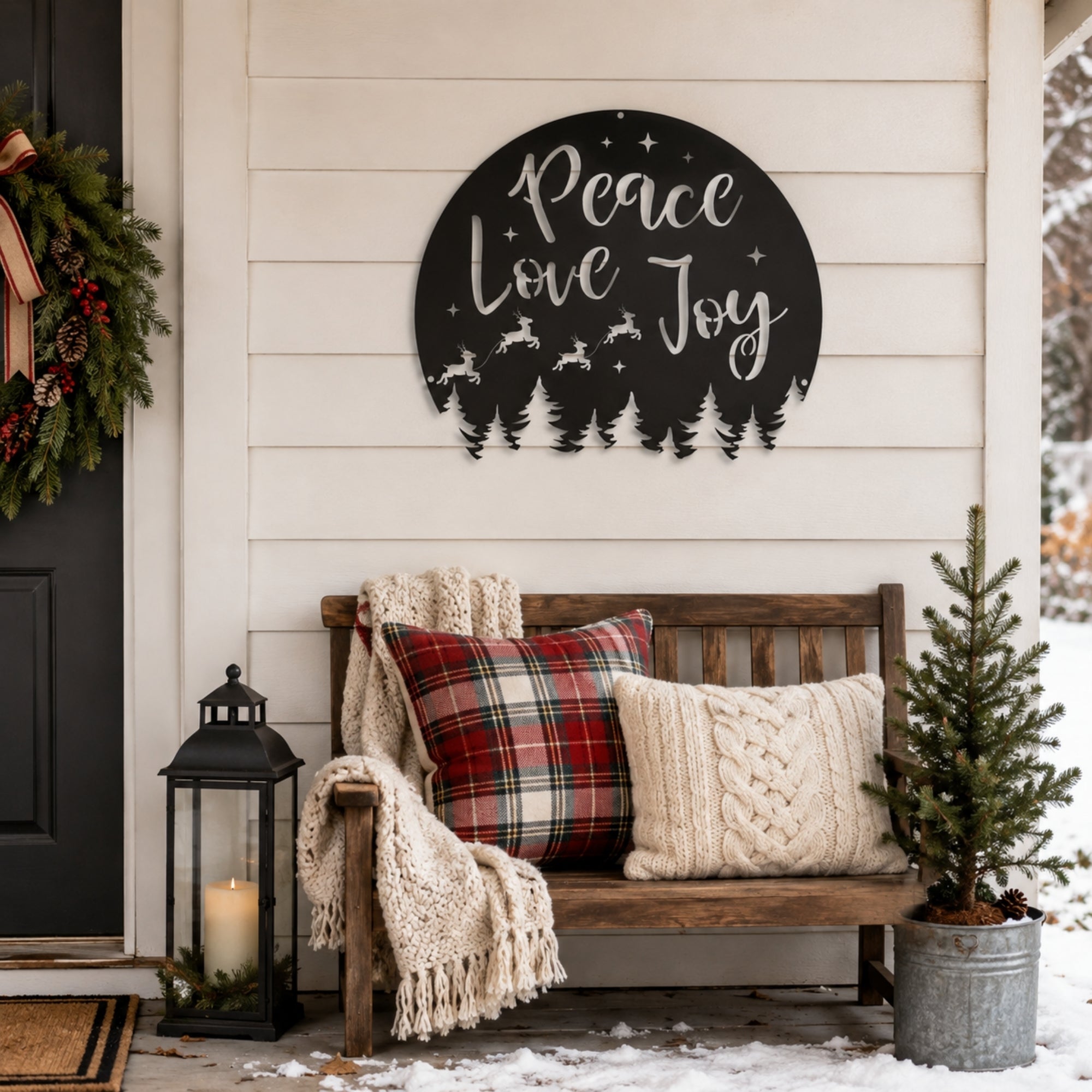 Peace Love Joy Christmas Metal Wall Art – Reindeer & Pine Tree Holiday Sign Secondary image