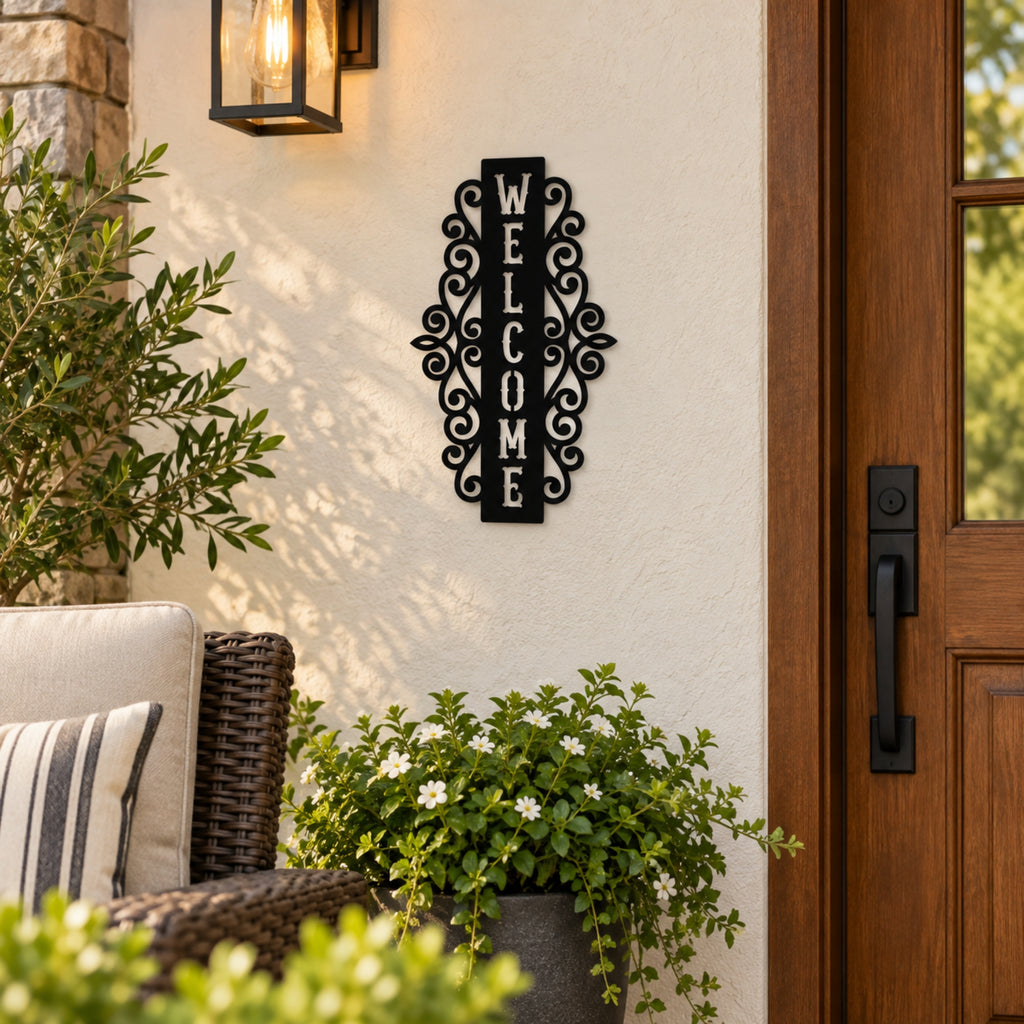 Ornate Welcome Metal Sign – Decorative Porch & Entryway Wall Decor
