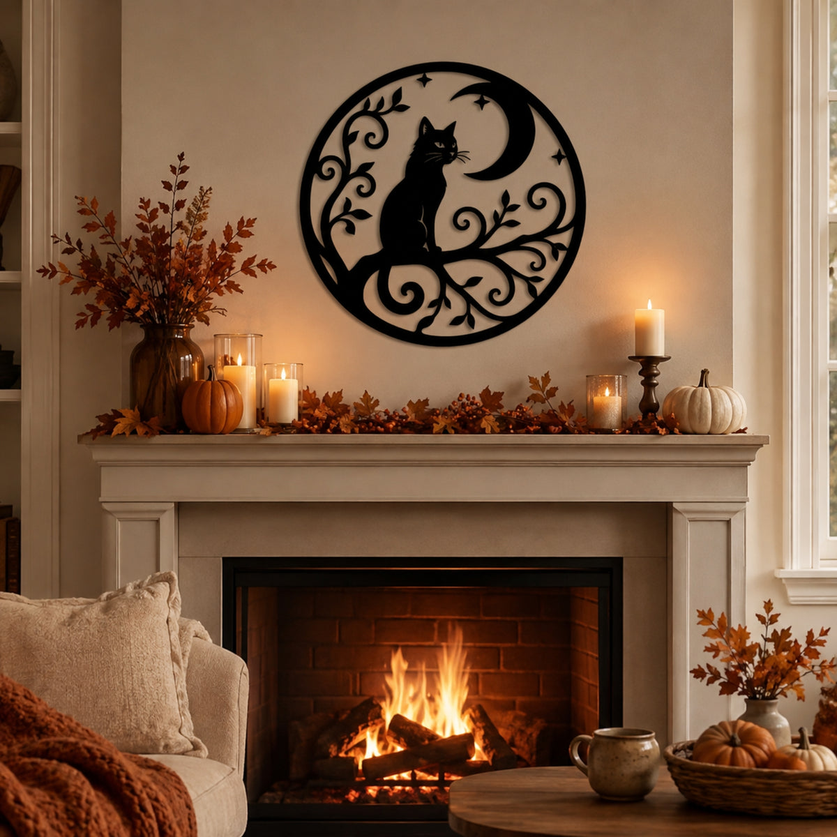 A black metal wall art piece featuring a cat silhouette on a crescent moon with decorative scrollwork, displayed above a fireplace in a cozy living room setting with fall decorations.