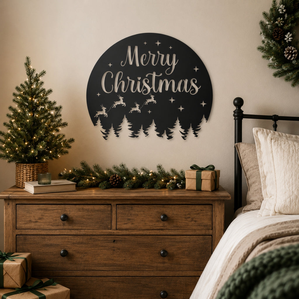 Merry Christmas Metal Wall Art – Reindeer & Pine Tree Holiday Sign