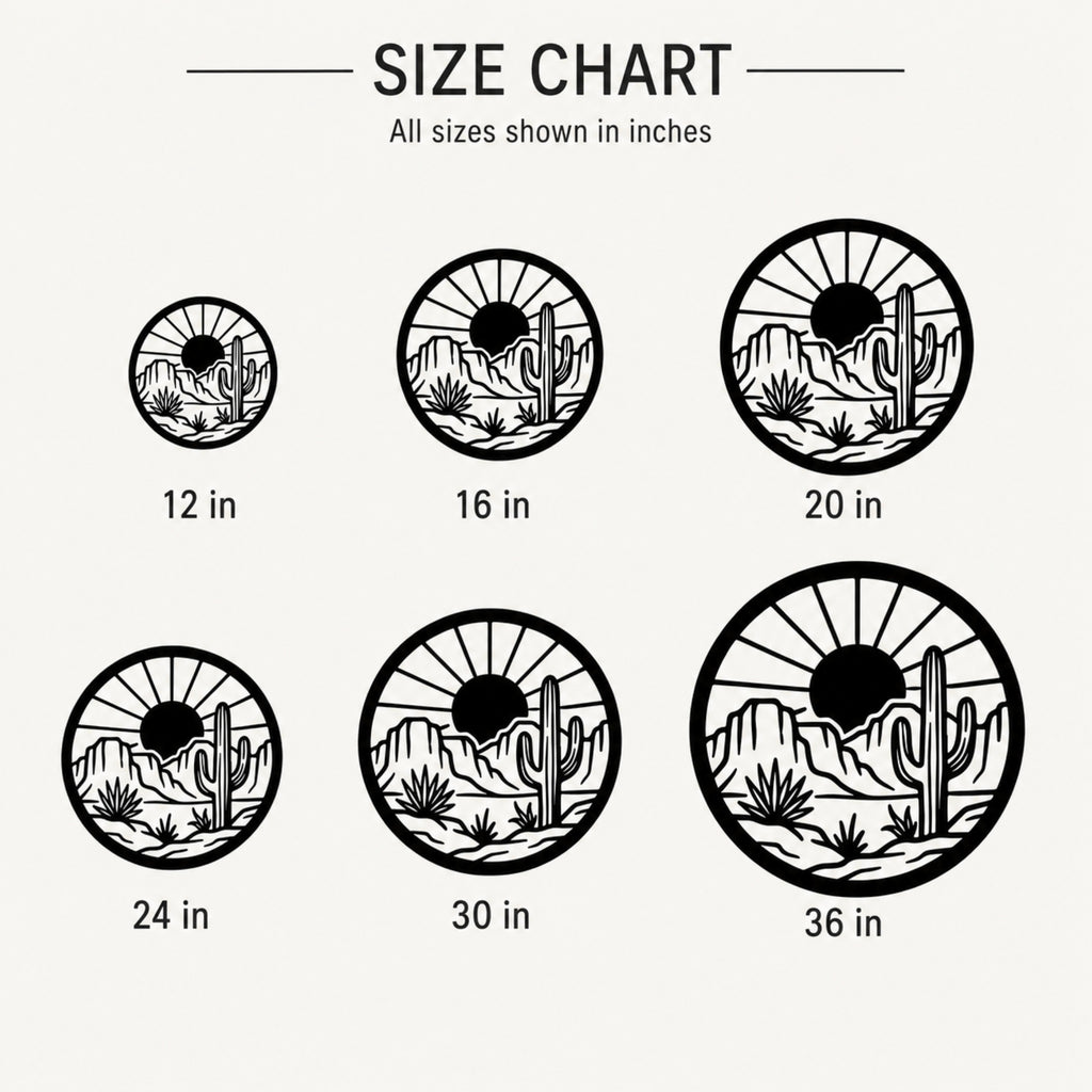 Size chart showing six circular desert landscape designs in increasing sizes from 12 in to 36 in, with text reading 'SIZE CHART' and 'All sizes shown in inches.'.