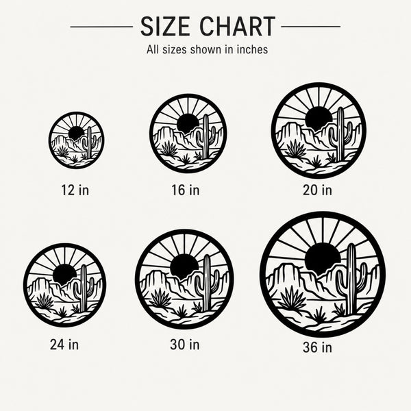 Size chart showing six circular desert landscape designs in increasing sizes from 12 in to 36 in, with text reading 'SIZE CHART' and 'All sizes shown in inches.'.
