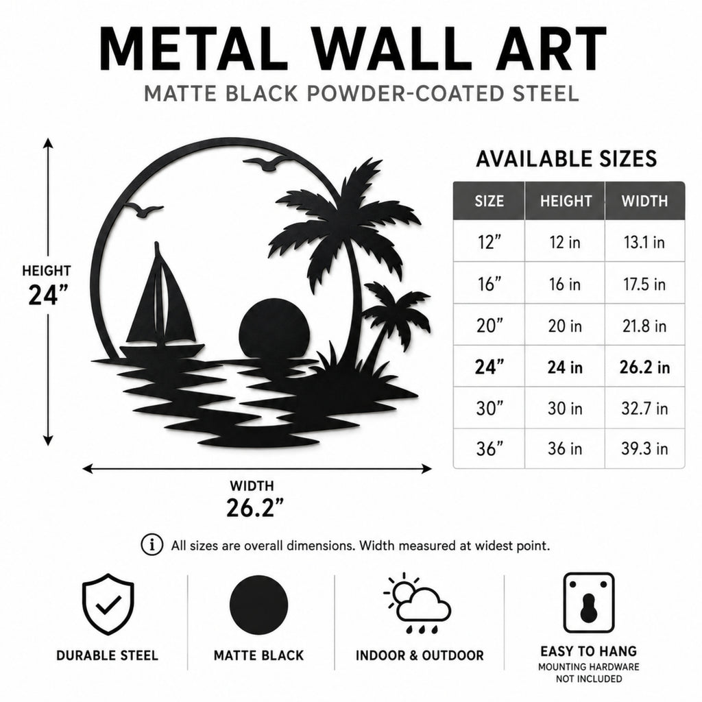Tropical Sailboat Sunset Metal Wall Art – Palm Tree Coastal Decor