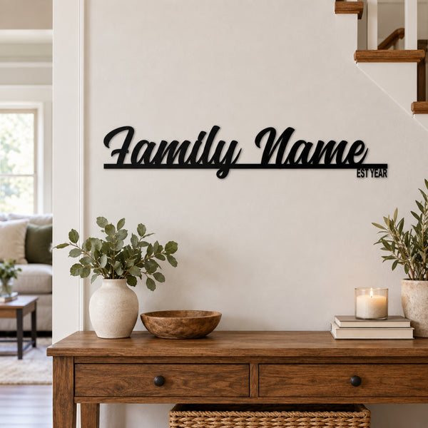 Personalized Family Name Metal Sign with Established Year – Script Surname Wall Art