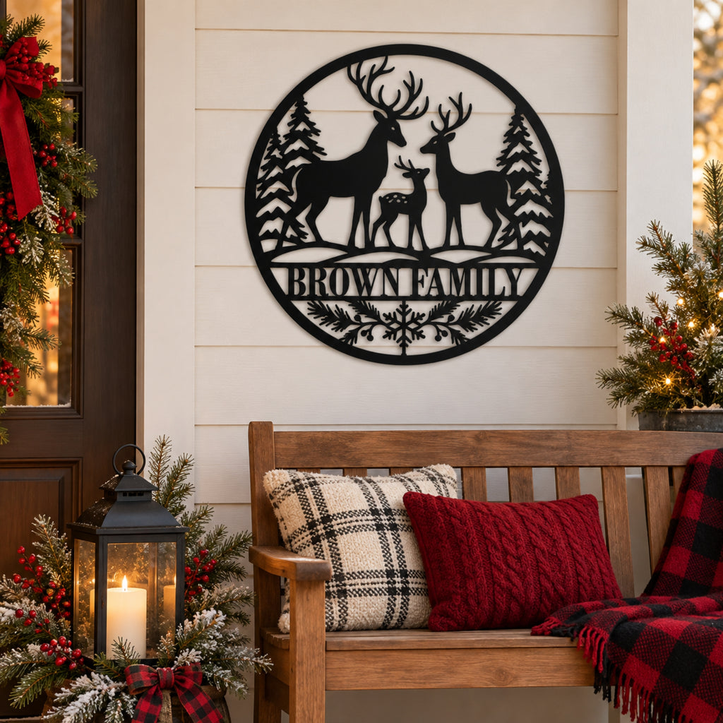 Personalized Deer Family Christmas Metal Sign – Custom Last Name Holiday Decor
