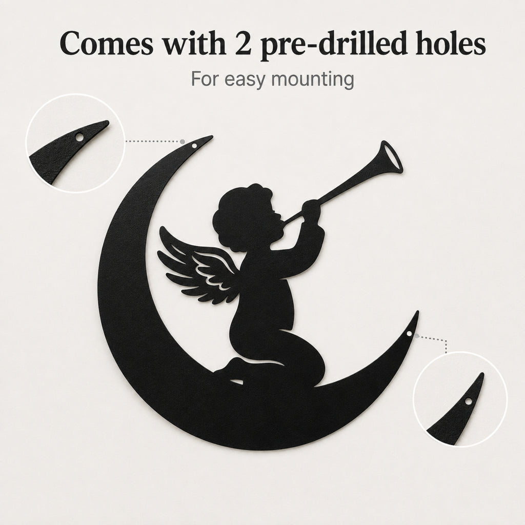 Angel on Moon Metal Wall Art – Celestial Nursery Decor