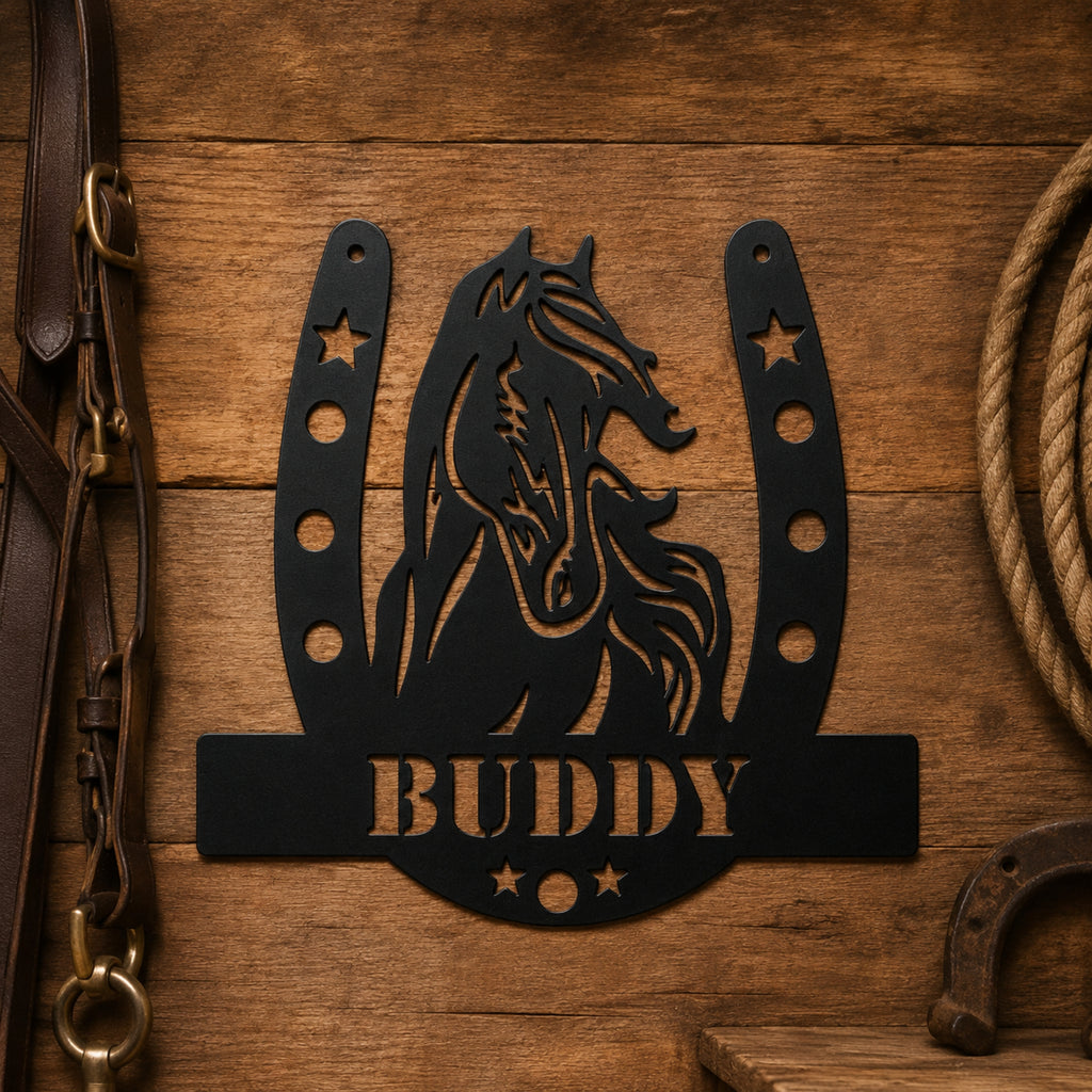 Personalized Horse Name Metal Sign – Horseshoe Equestrian Wall Art