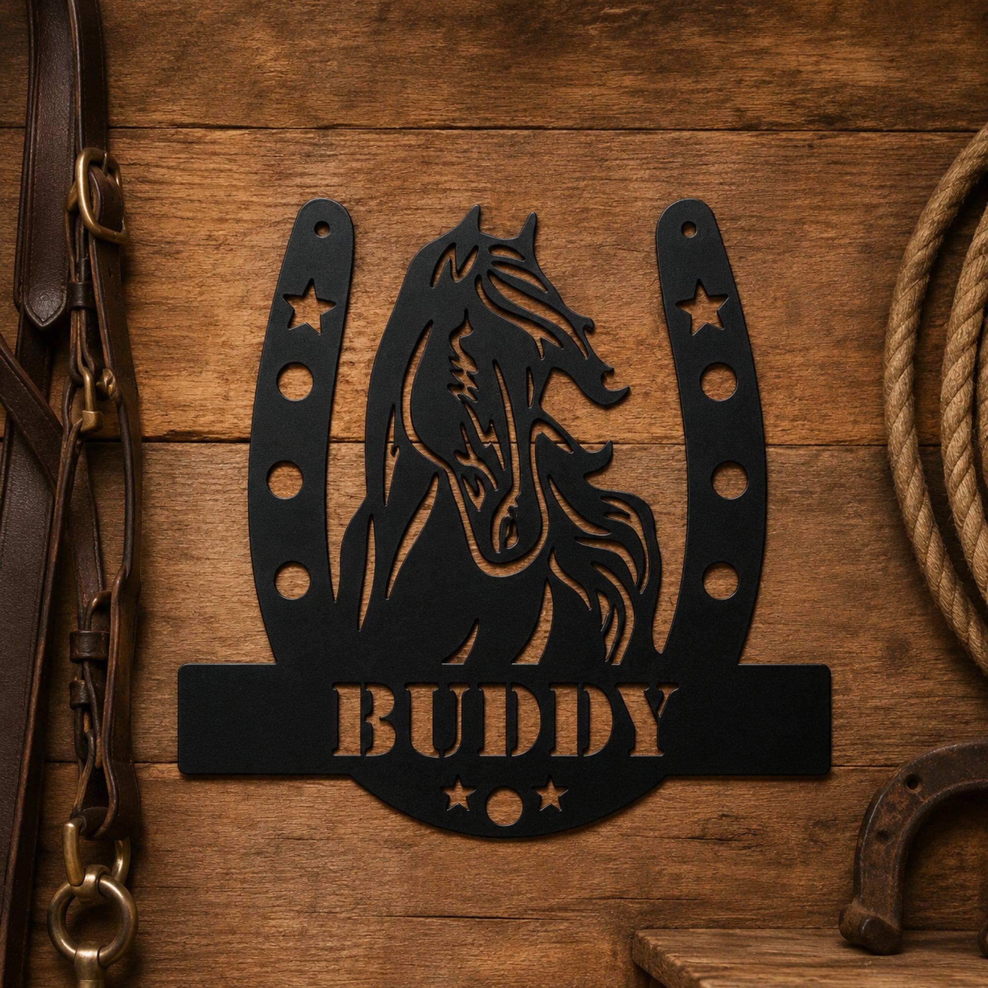 Personalized Horse Name Metal Sign – Horseshoe Equestrian Wall Art