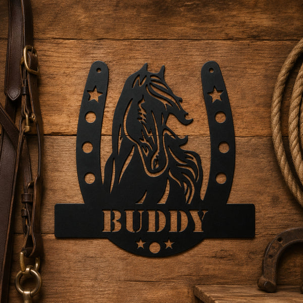 Personalized Horse Name Metal Sign – Horseshoe Equestrian Wall Art