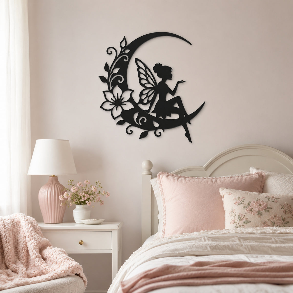 Fairy on Crescent Moon Metal Wall Art – Floral Fairy Wall Decor