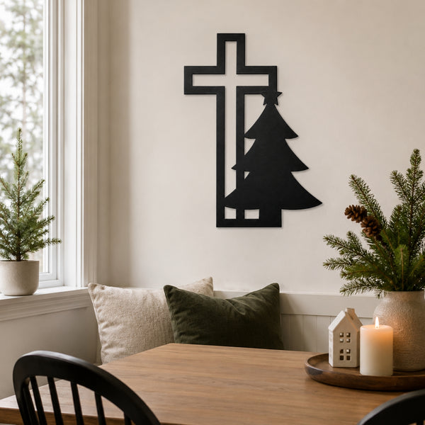 Christian Cross & Christmas Tree Metal Wall Art – Holiday Faith Decor