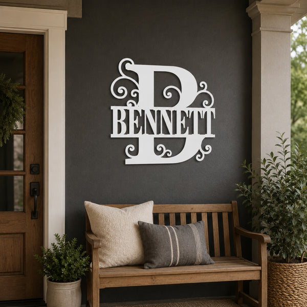 Personalized Scroll Monogram Family Name Sign – Custom Initial Metal Wall Art