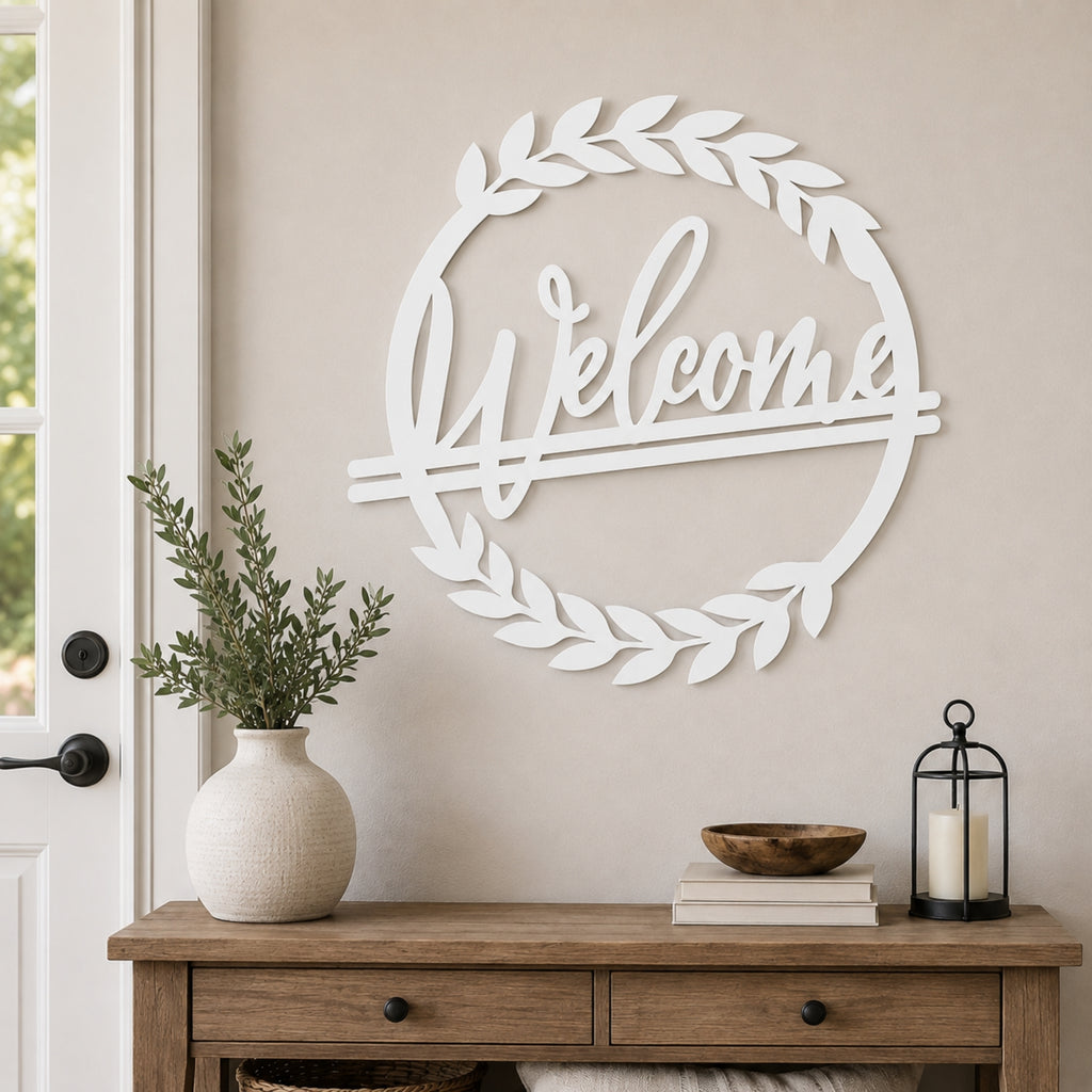 Welcome Wreath Metal Wall Art – Entryway & Porch Welcome Sign