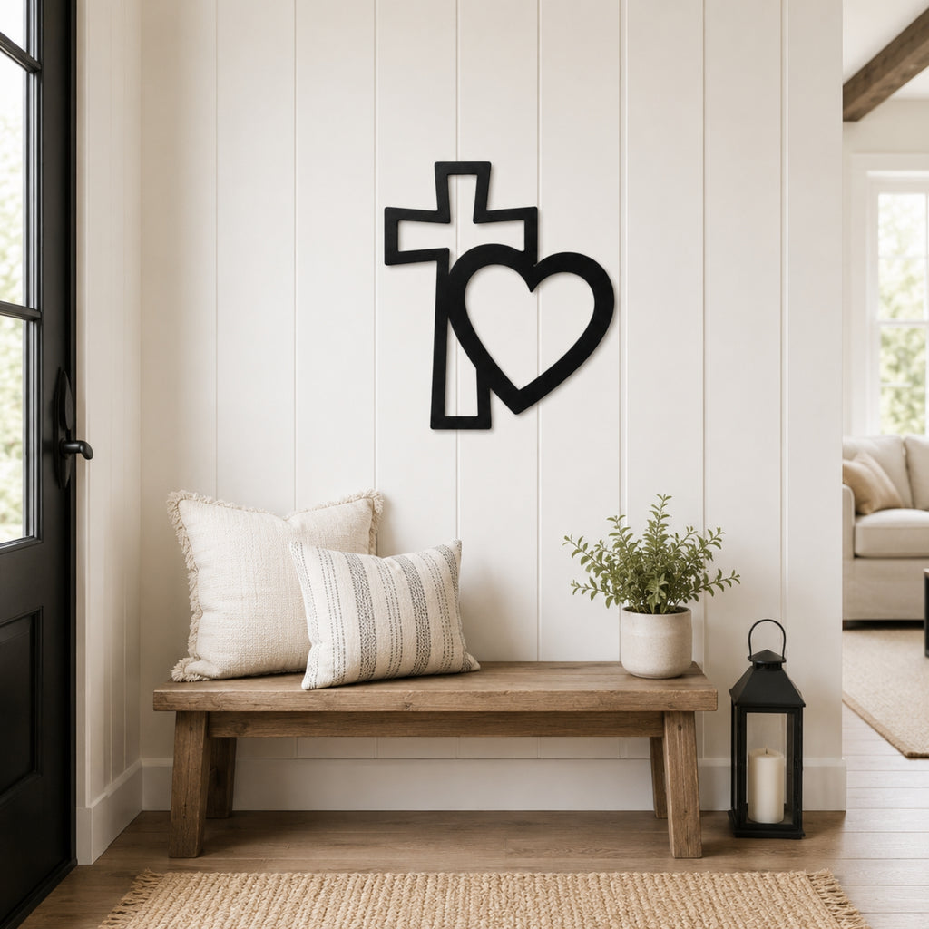 Cross & Heart Metal Wall Art – Christian Faith Love Decor