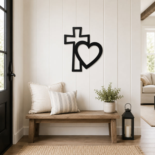 Cross & Heart Metal Wall Art – Christian Faith Love Decor