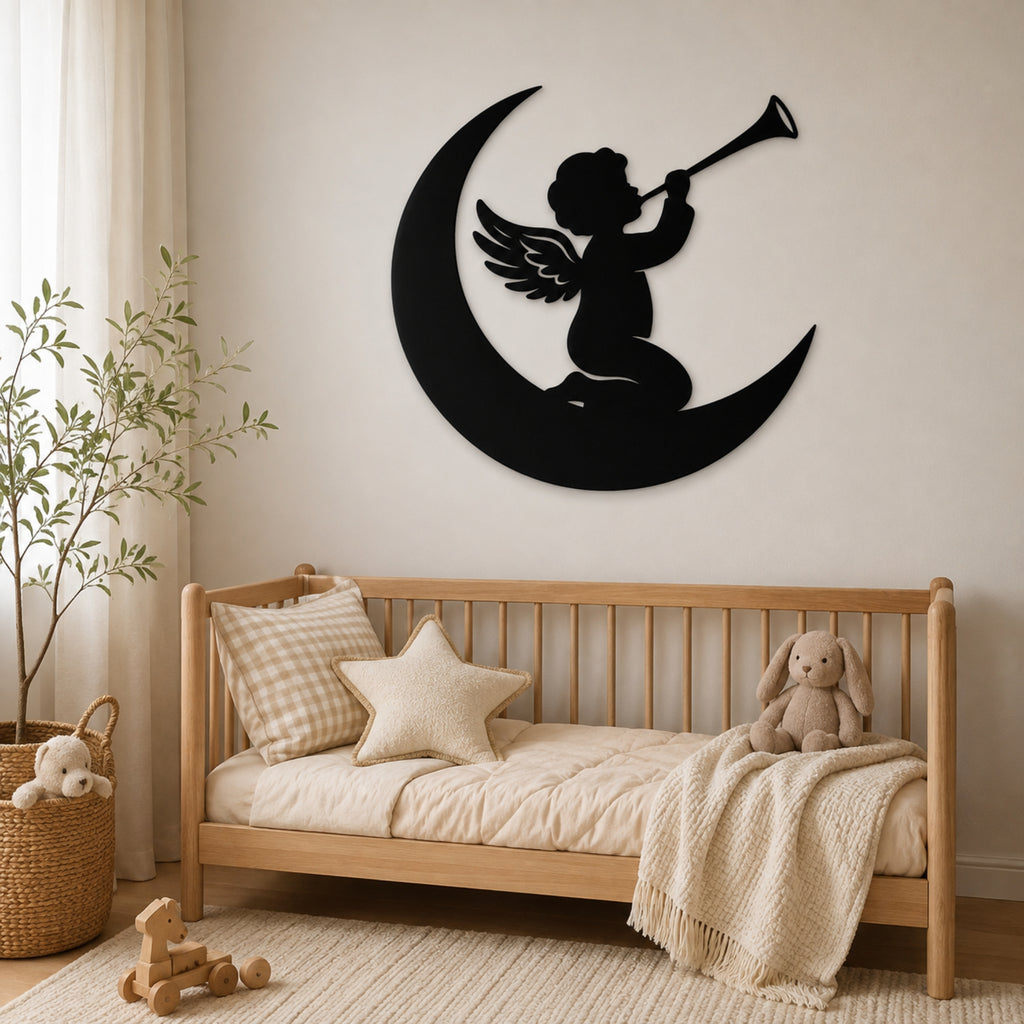 Angel on Moon Metal Wall Art – Celestial Nursery Decor