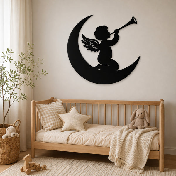 Angel on Moon Metal Wall Art – Celestial Nursery Decor