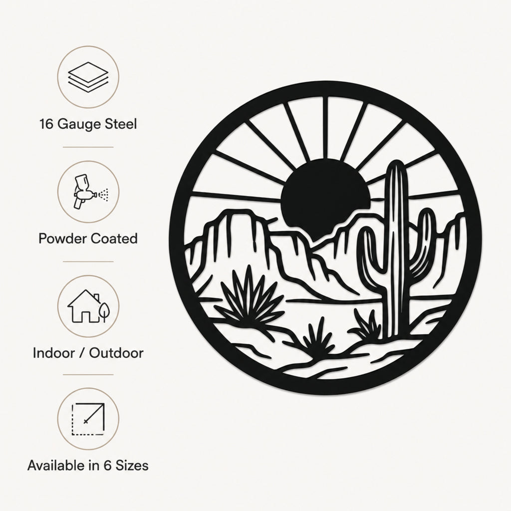 A circular black metal wall art piece with a desert landscape design, shown on a light gray background with feature callouts for 16 gauge steel, powder coating, indoor/outdoor use, and available sizes.