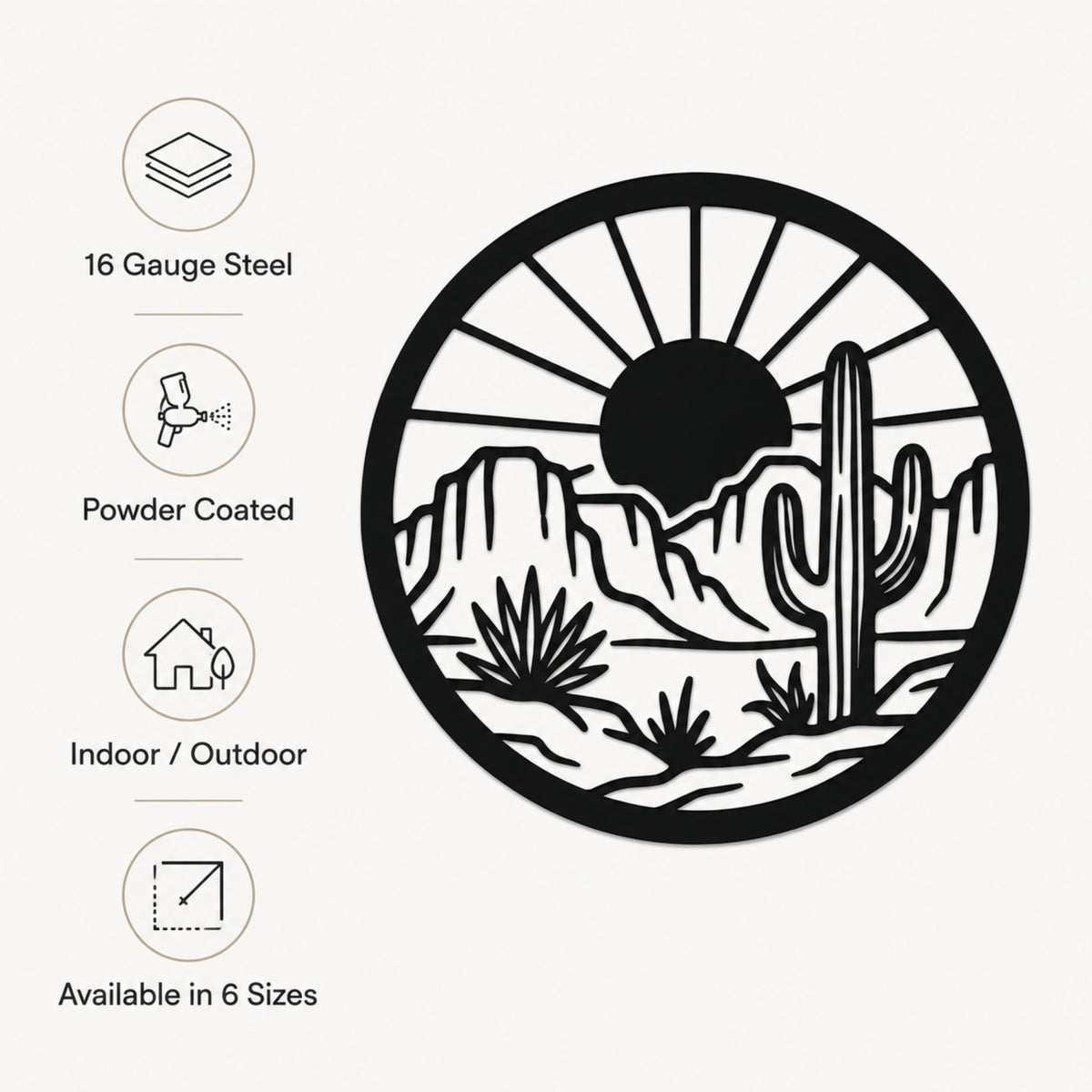 A circular black metal wall art piece with a desert landscape design, shown on a light gray background with feature callouts for 16 gauge steel, powder coating, indoor/outdoor use, and available sizes.