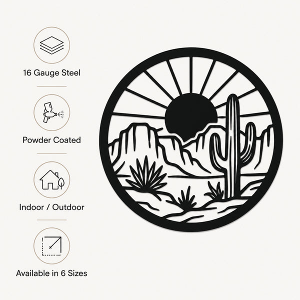 A circular black metal wall art piece with a desert landscape design, shown on a light gray background with feature callouts for 16 gauge steel, powder coating, indoor/outdoor use, and available sizes.