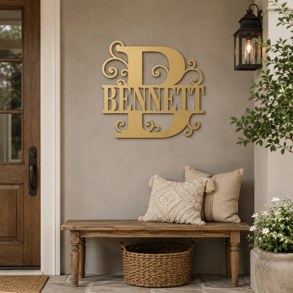 Personalized Scroll Monogram Family Name Sign – Custom Initial Metal Wall Art