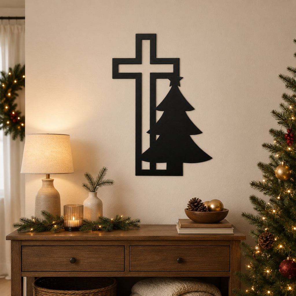 Christian Cross & Christmas Tree Metal Wall Art – Holiday Faith Decor
