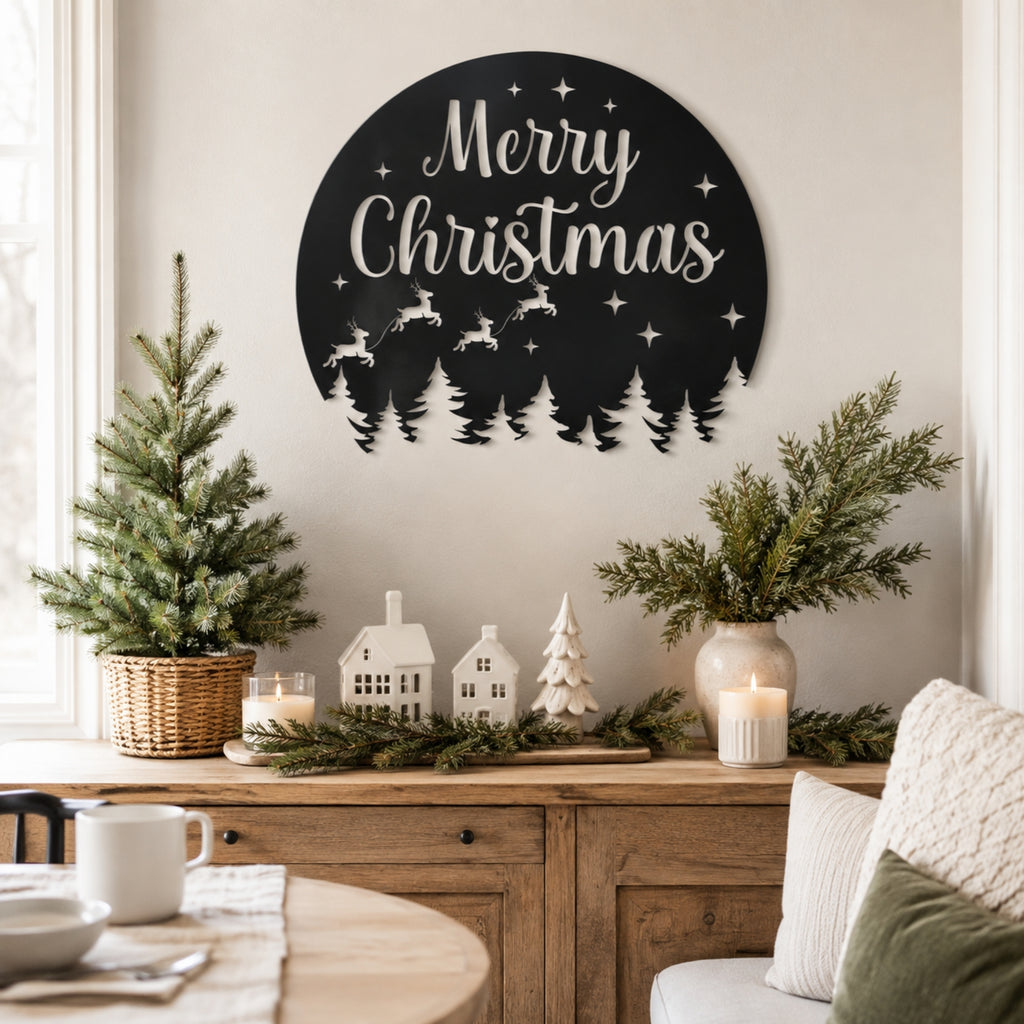 Merry Christmas Metal Wall Art – Reindeer & Pine Tree Holiday Sign