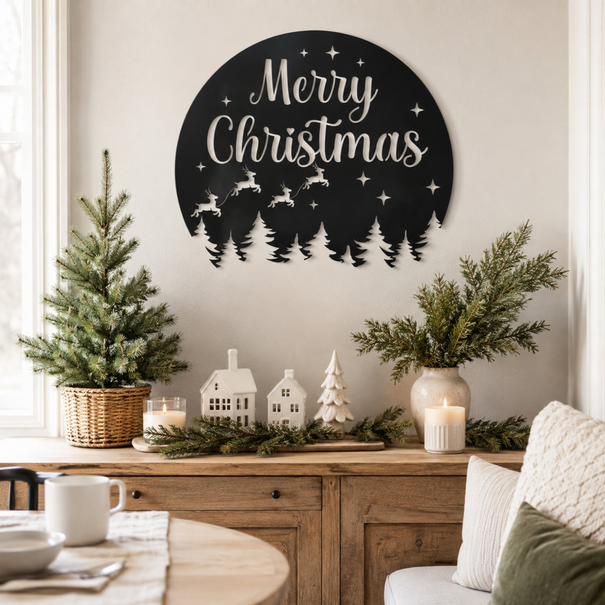 Merry Christmas Metal Wall Art – Reindeer & Pine Tree Holiday Sign