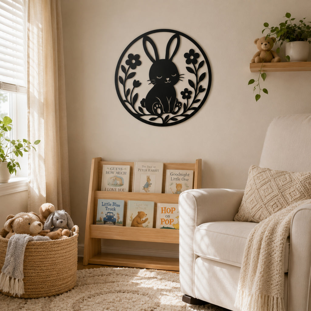 A styled children's room corner featuring a black metal circular wall art piece with a bunny silhouette and floral details, mounted on a beige wall above a wooden bookshelf.