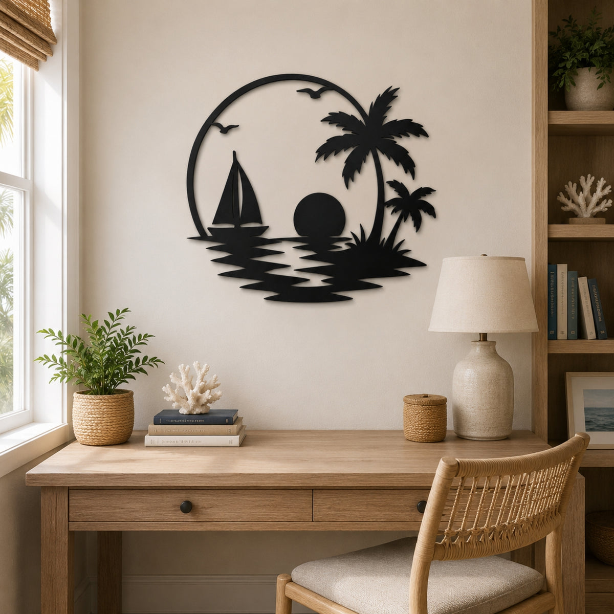 Tropical Sailboat Sunset Metal Wall Art – Palm Tree Coastal Decor
