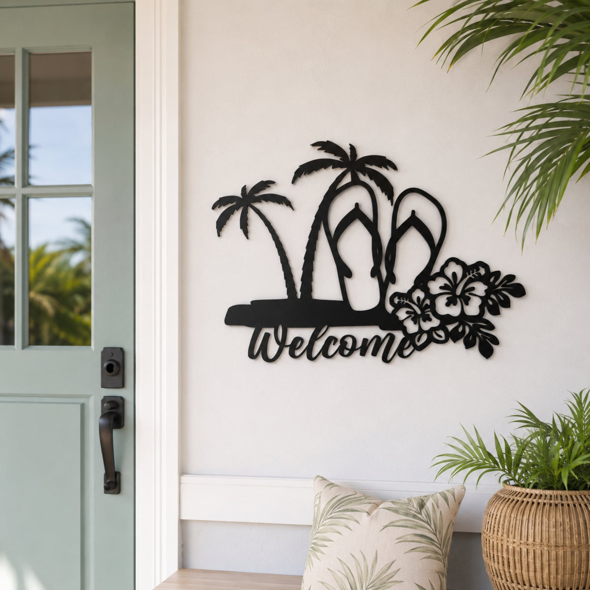Tropical Welcome Metal Wall Art – Palm Tree & Flip Flop Decor