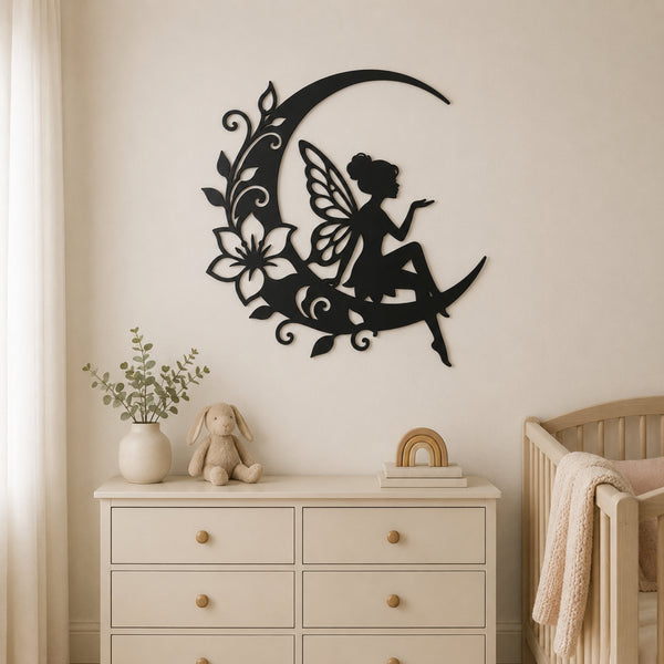 Fairy on Crescent Moon Metal Wall Art – Floral Fairy Wall Decor
