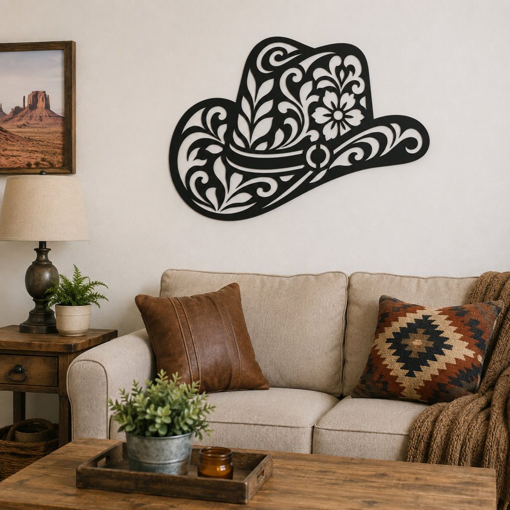 A black metal cowboy hat wall art piece with intricate white cutout floral patterns, mounted on a beige wall above a sofa in a styled living room.