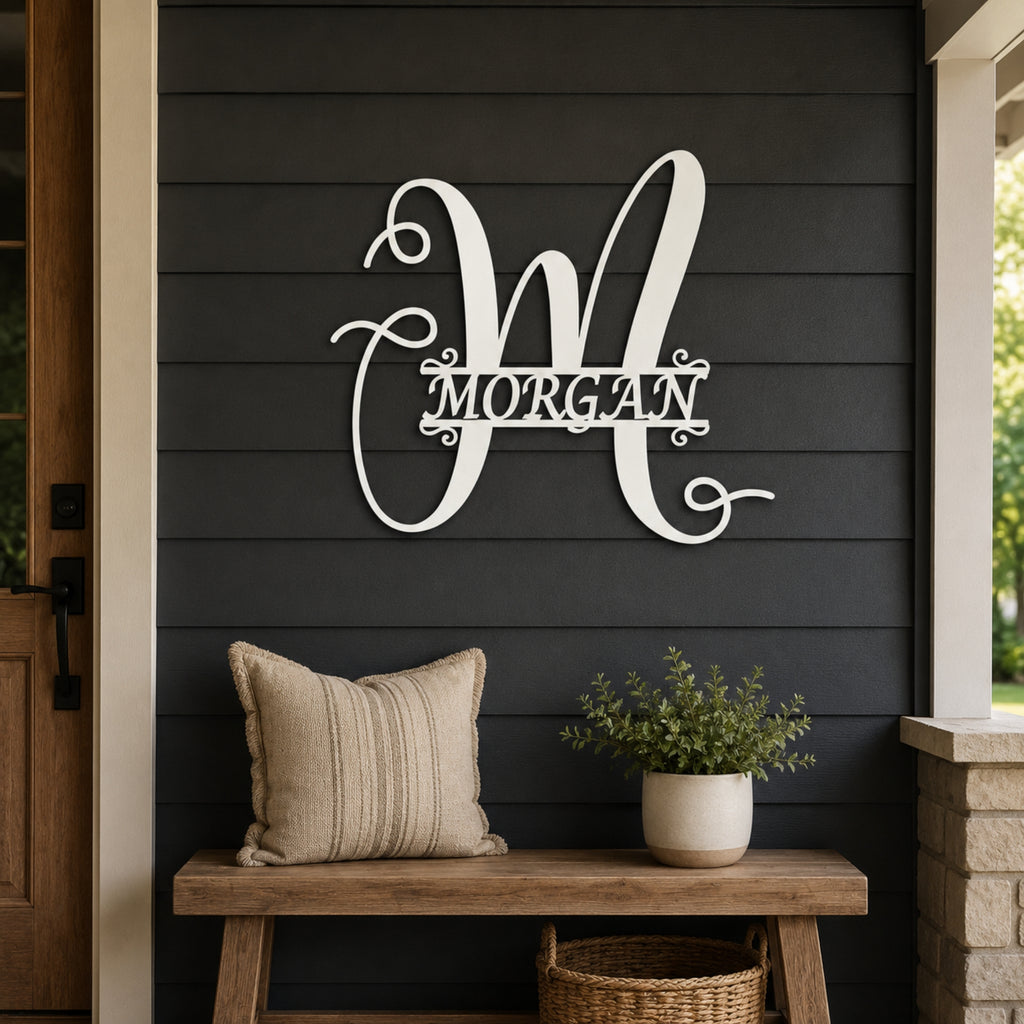 Personalized Script Monogram Family Name Sign – Custom Initial Metal Wall Art