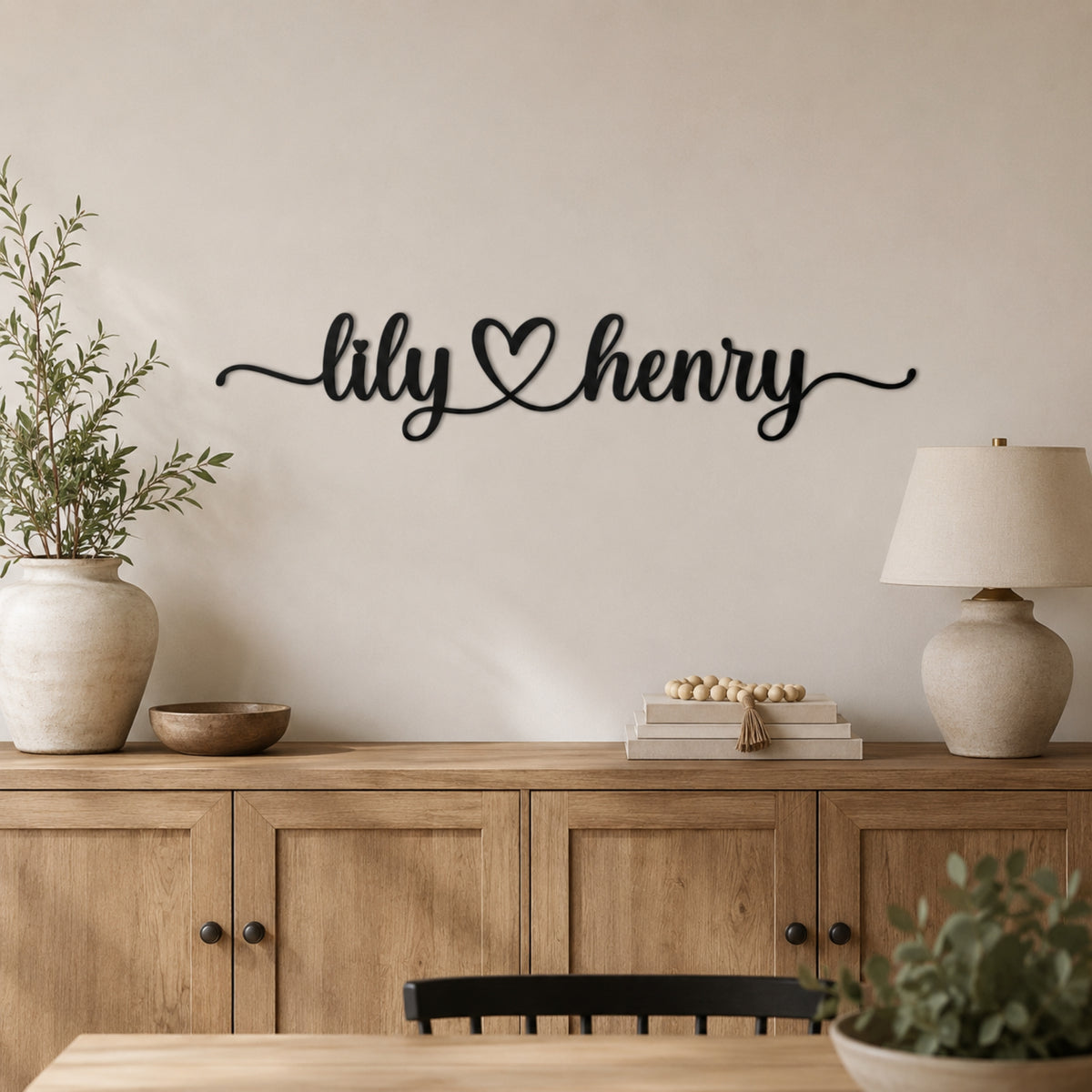 Personalized Couple Name Metal Sign with Heart – Romantic Script with Flourish Tails Main image