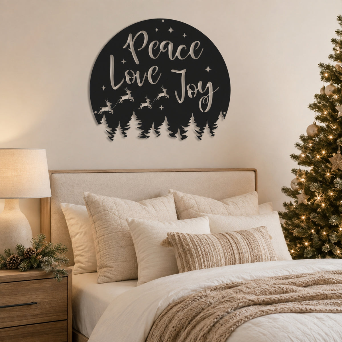 Peace Love Joy Christmas Metal Wall Art – Reindeer & Pine Tree Holiday Sign