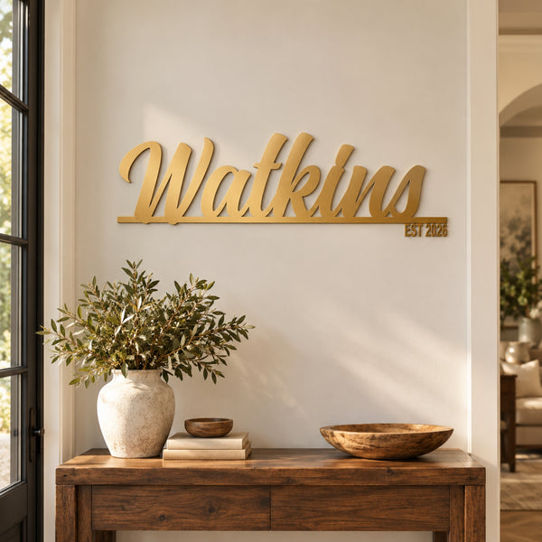 Personalized Family Name Metal Sign with Established Year – Script Surname Wall Art