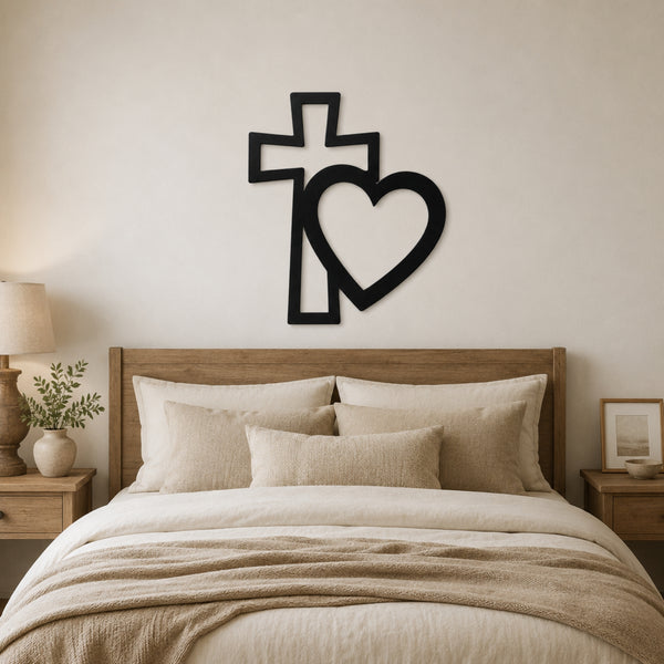 Cross & Heart Metal Wall Art – Christian Faith Love Decor