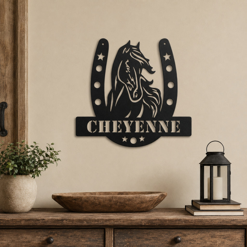 Personalized Horse Name Metal Sign – Horseshoe Equestrian Wall Art
