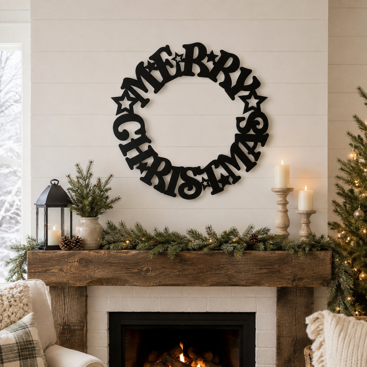 Merry Christmas Wreath Metal Wall Art – Holiday Star Christmas Decor Main image